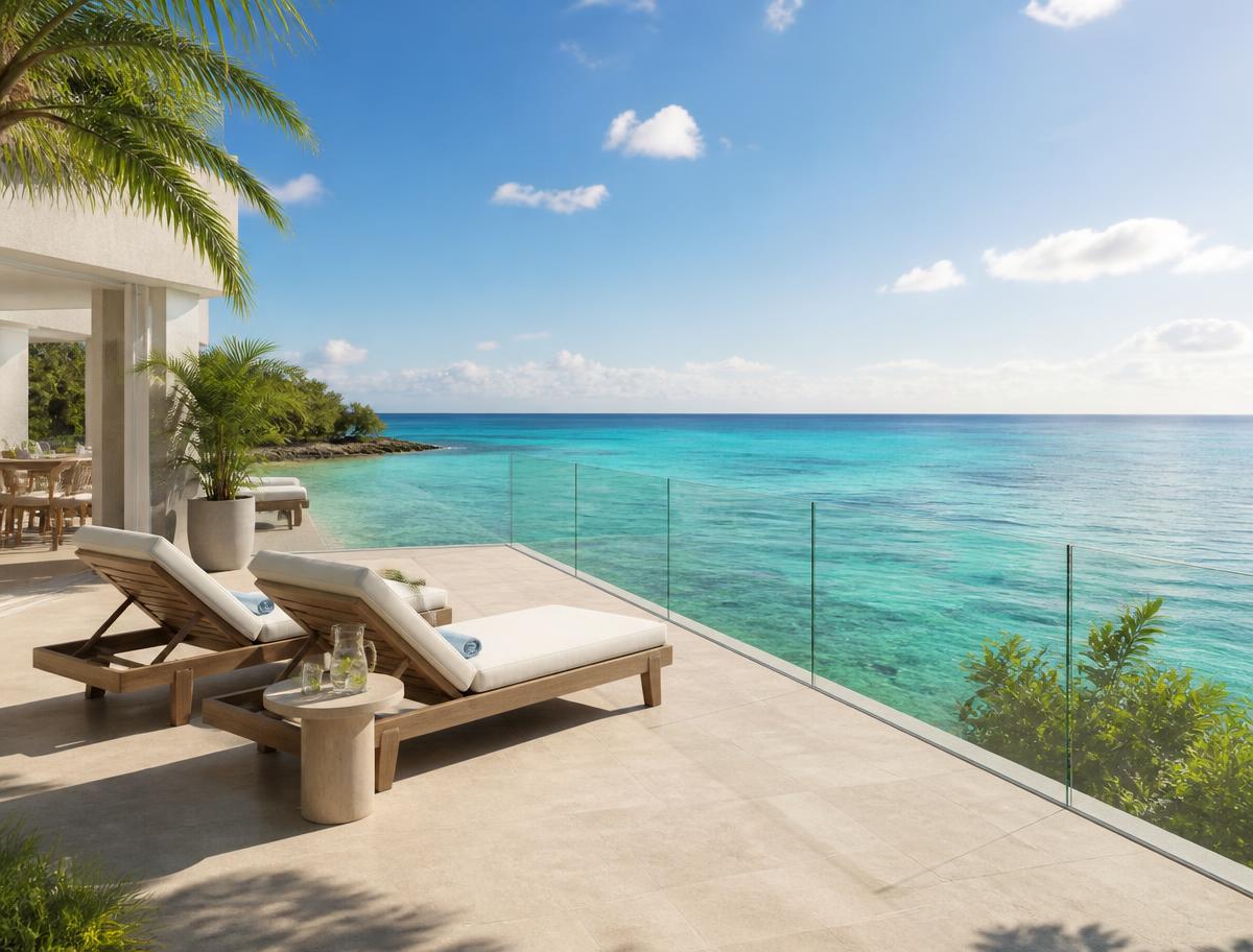 Seaside terrace with loungers facing the turquoise Caribbean sea